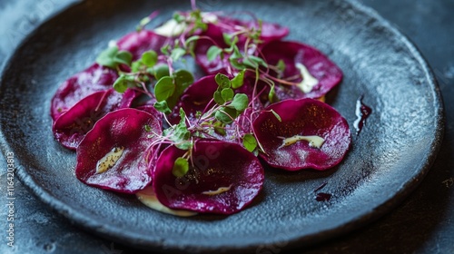 This pasta dish showcases delicate beet slices arranged artfully alongside fresh microgreens. The vibrant colors offer a modern twist on traditional flavors, perfect for a culinary adventure. photo