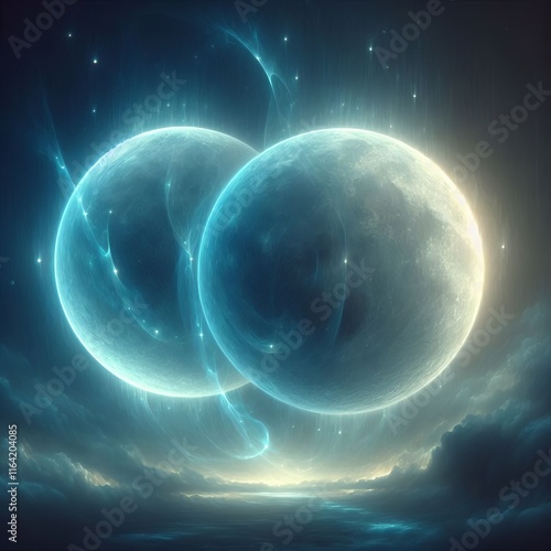 A pair of moons both glowing faintly with a soft blue light drif photo