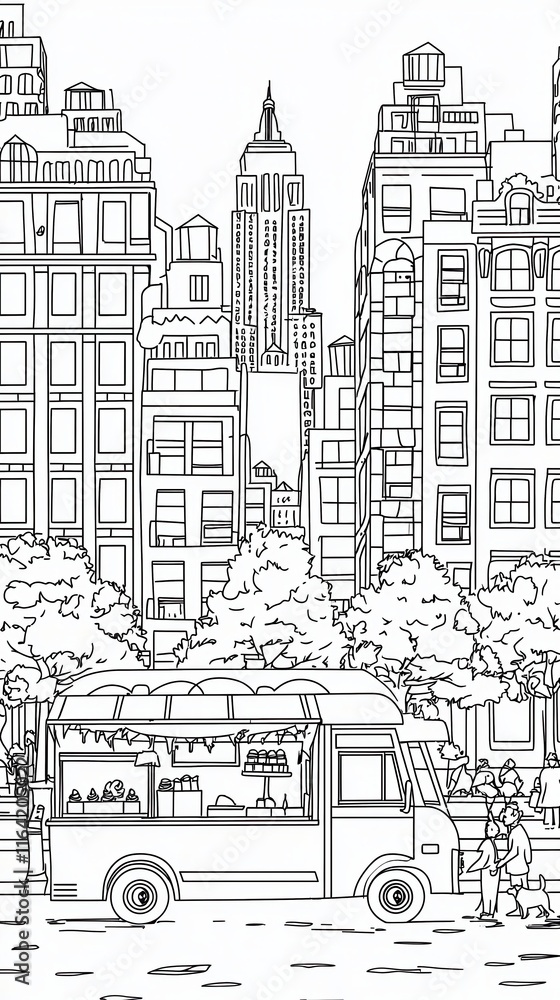 Obraz premium A vibrant cityscape coloring book design featuring tall skyscrapers, people walking dogs in a park, and a food truck selling ice cream. Add intricate details on the windows, trees, and tiny 