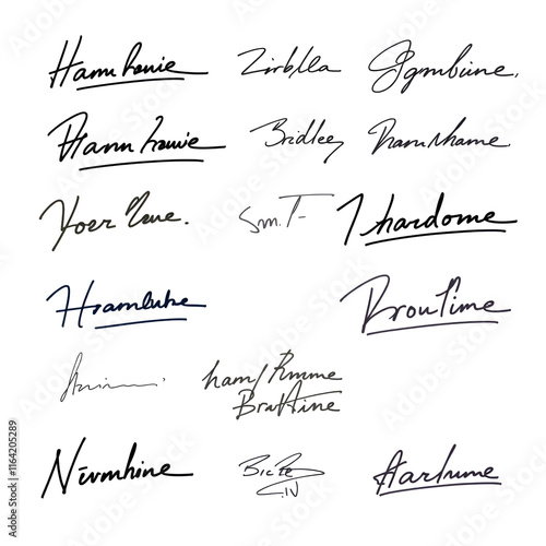 Set vector handwritten signature. Fake autograph in different handwriting. An isolated nickname stands out on the white page. photo