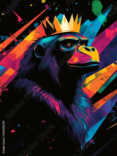 Colorful illustration of a crowned gorilla against a vibrant, abstract background. photo