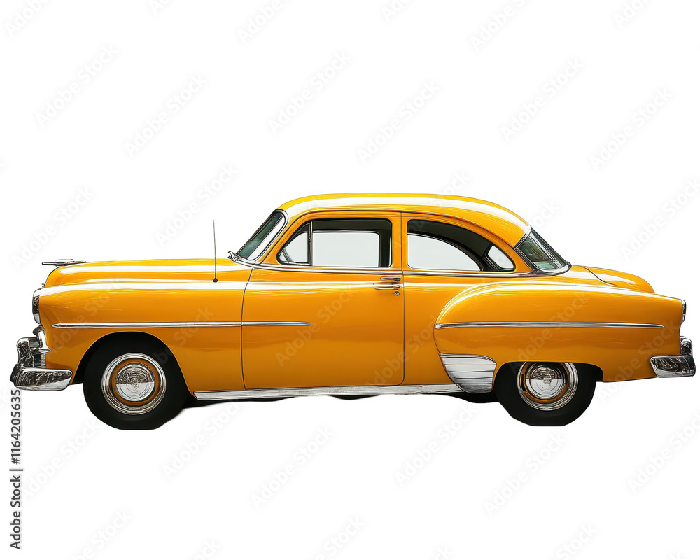 Fototapeta premium Isolated Yellow Vintage Car Side View
