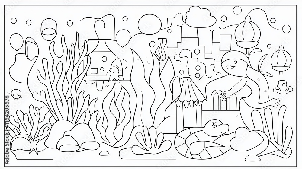 A vibrant underwater city coloring book page with mermaids shopping at coral stalls, glowing lanterns lighting the streets, and turtles swimming by. Include intricate coral designs and tiny A vibrant underwater city coloring book page with mermaids shopping at coral stalls, glowing lanterns lighting the streets, and turtles swimming by. Include intricate coral designs and tiny
