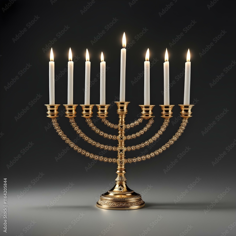 Ornate Gold Menorah with Lit Candles Ornate Gold Menorah with Lit Candles