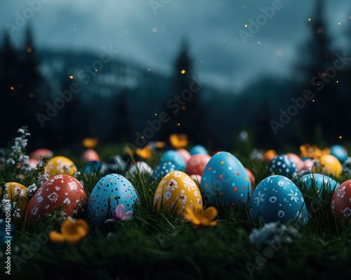 Capture the magic of Easter with this whimsical egg hunt scene, a delightful collection of colorful eggs expertly hidden in lush grass and flower patches The scene is bathed in soft morning light photo