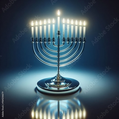 A single sleek menorah with LED lights reflecting on a polished photo