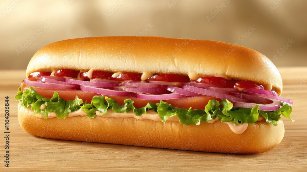 Delicious and Flavorful Hot Dog on a Wooden Surface with Fresh Vegetables and Condiments, Perfect for Summer Barbecues and Outdoor Gatherings Delicious and Flavorful Hot Dog on a Wooden Surface with Fresh Vegetables and Condiments, Perfect for Summer Barbecues and Outdoor Gatherings