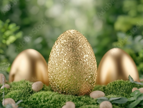 Celebrate Easter with a fun and themed Easter egg display, showcasing the joy and renewal of spring A stunning golden Easter egg centerpiece sparkles amongst smaller gold and speckled eggs nestled on photo