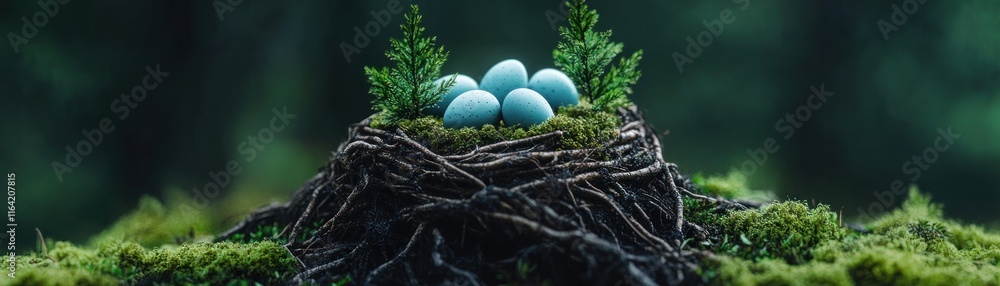 Obraz premium Discover a hidden nest of vibrant blue eggs tucked away among the gnarled roots of ancient trees in a peaceful nature reserve during springtime A stunning image capturing the essence of nature's