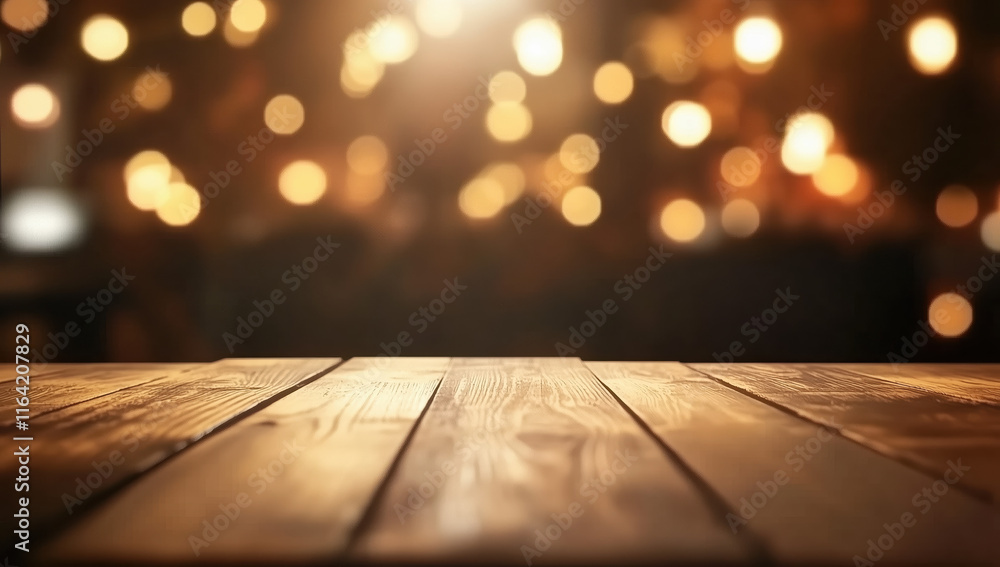 Empty wooden table top with a blurred background of a bar interior, bokeh lights, and decorations in the evening. Empty wooden table top with a blurred background of a bar interior, bokeh lights, and decorations in the evening.