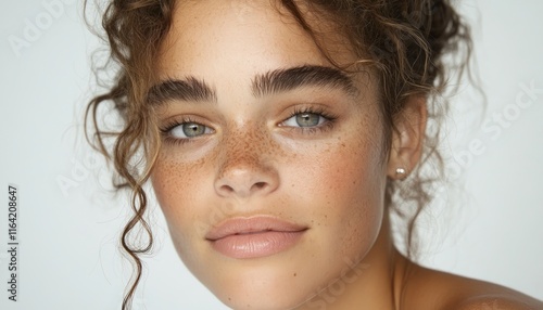 Discover the allure of Subtle Feminine Pastel Colors A delicate pastel palette designed with understated femininity and grace in mind, showcasing a woman with beautiful curly brown hair, freckled photo