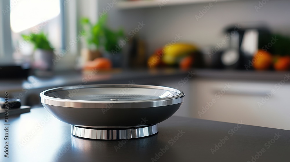 Modern kitchen scale on countertop with fresh fruits in background Modern kitchen scale on countertop with fresh fruits in background
