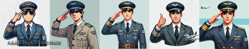 set of vector characters of a pilot saluting