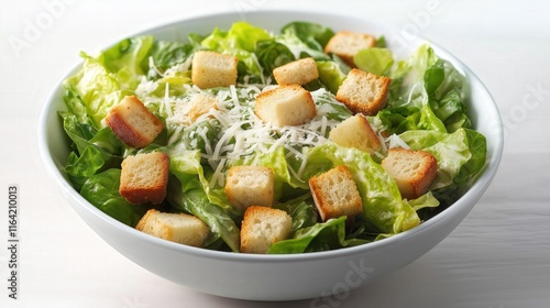 Fresh Caesar Salad With Crunchy Croutons and Shredded Parmesan Served in a White Ceramic Bowl on a Wooden Table