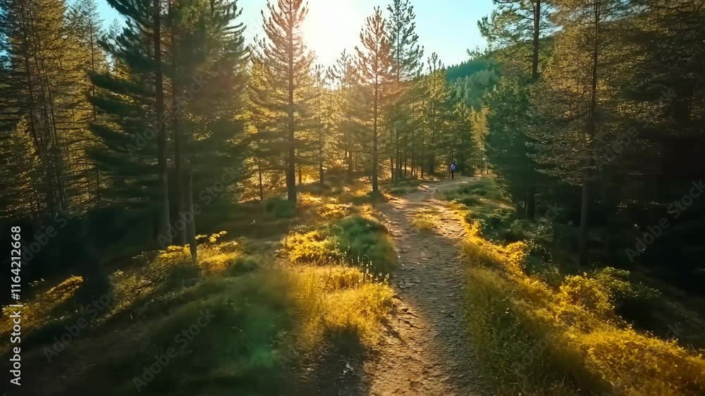 Serene Forest Pathway Beneath Golden Sunlight in Lush Green Wilderness Surrounded by Majestic Trees