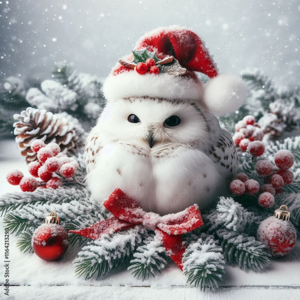 Snowy Owl A snowy owl with a festive hat on a white background Snowy Owl A snowy owl with a festive hat on a white background