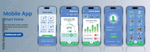 A sleek smart home application interface template featuring modern icons and a gradient design. Includes navigation menus for managing devices, monitoring security, controlling temperature