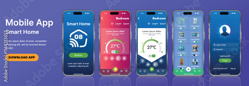 A sleek smart home application interface template featuring modern icons and a gradient design. Includes navigation menus for managing devices, monitoring security, controlling temperature