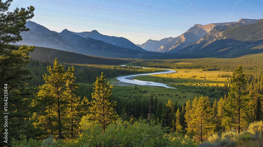 © Olga - Mountain Valley with Winding River and Bison Herd, Natural Majesty © Olga - Mountain Valley with Winding River and Bison Herd, Natural Majesty
