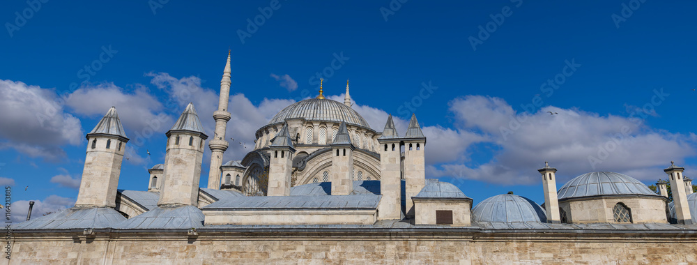A beautiful view of the Nuruosmaniye Camii, the mosque near the Grand Bazaar in Istanbul, Turkey