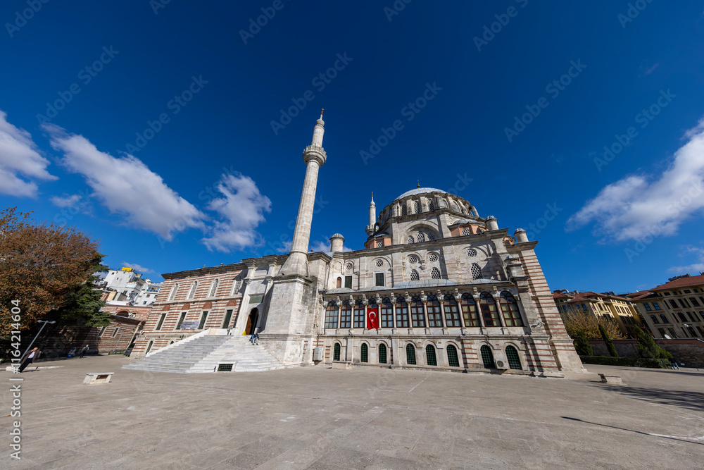 Laleli Mosque also known a Tulip mosque. Exterior shot. Arabic text as decor (verses from Koran, muslim Holy book). Ottoman