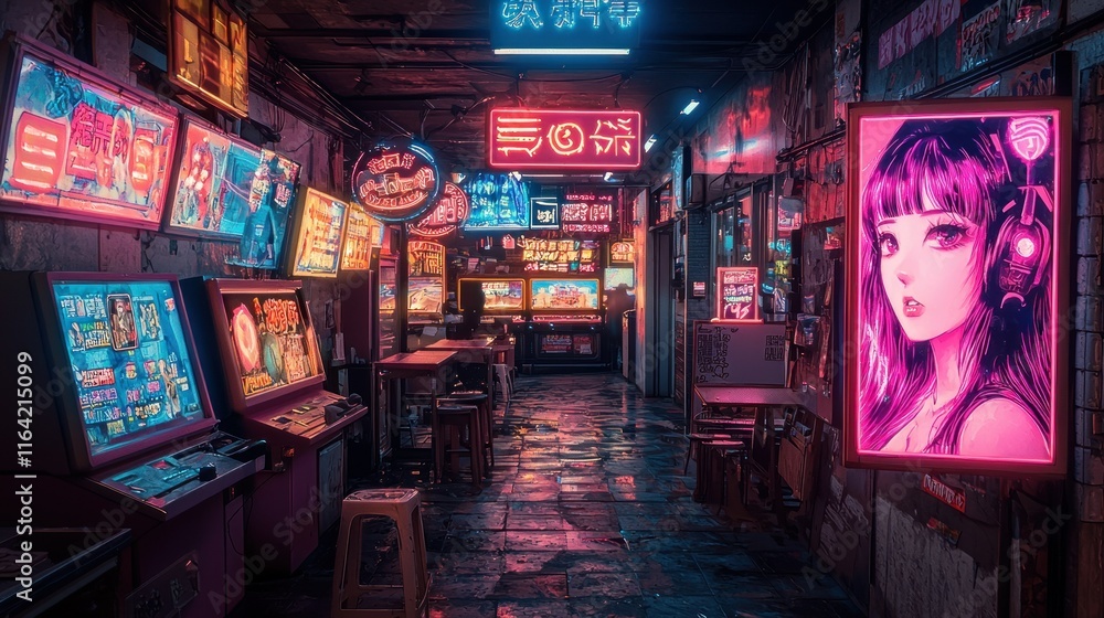Obraz premium Neon-lit arcade with vibrant gaming atmosphere.