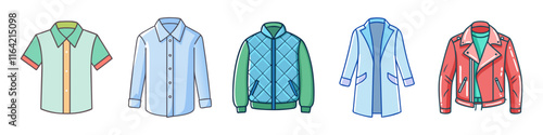 Illustration of Various Outerwear and Shirts - A vector illustration showcasing five clothing items: polo shirt, button-up shirt, quilted jacket, trench coat, and leather jacket on a white background.