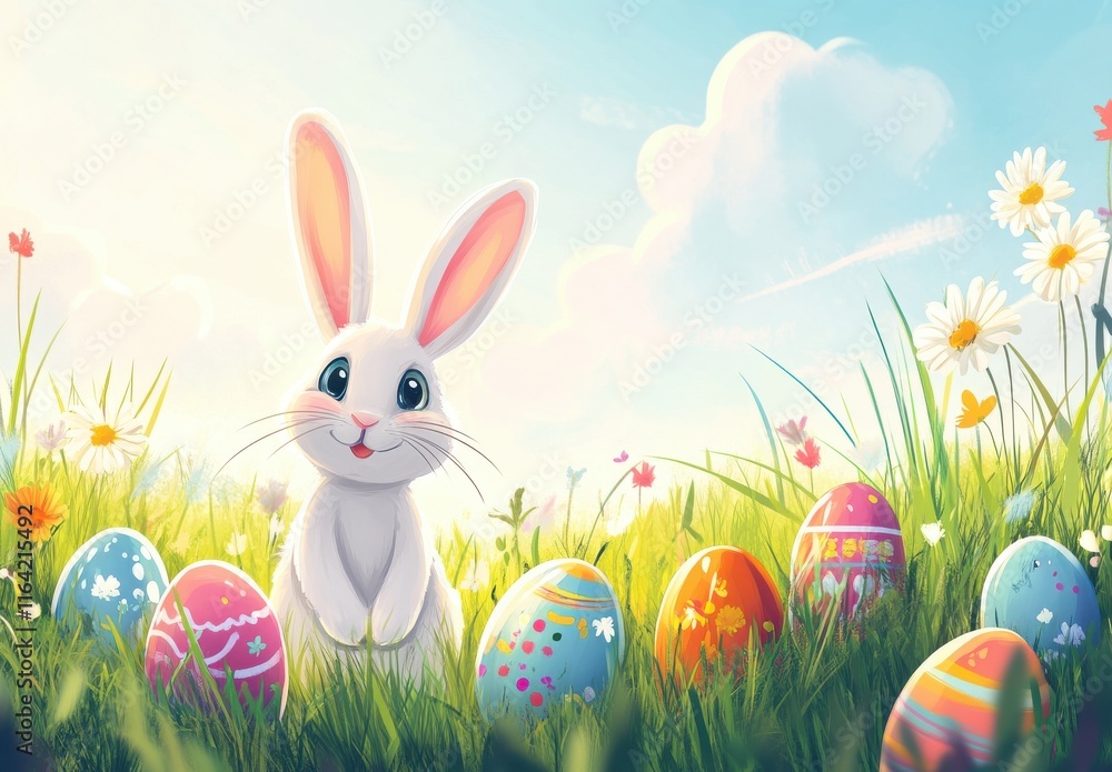 Fototapeta premium Charming Cartoon Bunny Surrounded by Colorful Easter Eggs in a Vibrant Spring Meadow Under a Bright Blue Sky and White Fluffy Clouds