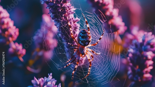 A vibrant spider weaving its web among colorful flowers in a serene environment.