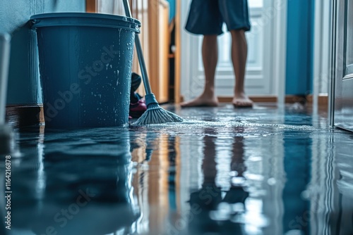 Flooded Floor: A man stands in the background, his legs and feet visible, as the focus remains on a flooded floor, a mop, and a bucket in the foreground.