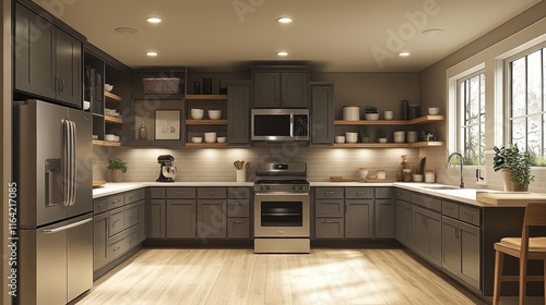 Wallpaper Mural A spacious and well-lit kitchen features sleek gray cabinets, stainless steel appliances, and wooden shelves adorned with kitchenware. Sunlight illuminates the room, enhancing the inviting atmosphere. Torontodigital.ca