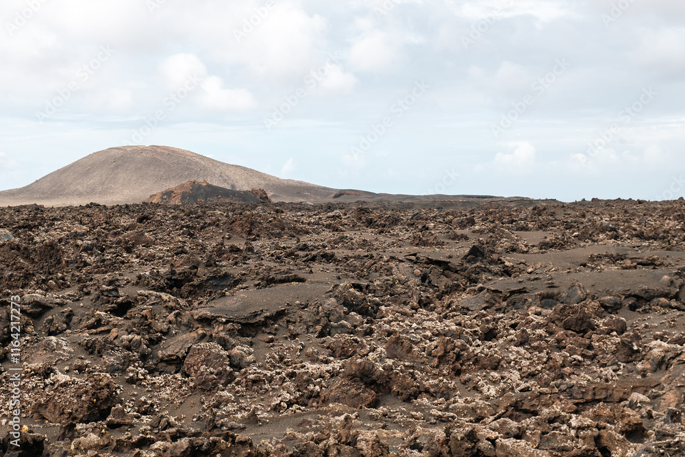 Volcanic lava mountains in Timanfaya National Park in Lanzarote in Spain