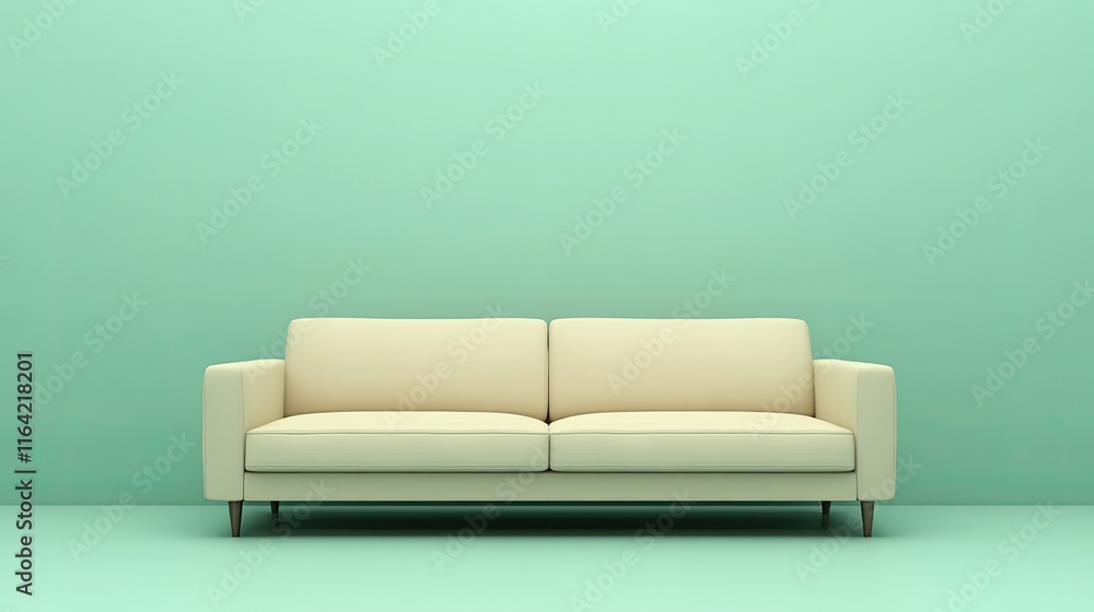 Minimalist Cream Sofa Against Soft Green Wall Background Minimalist Cream Sofa Against Soft Green Wall Background