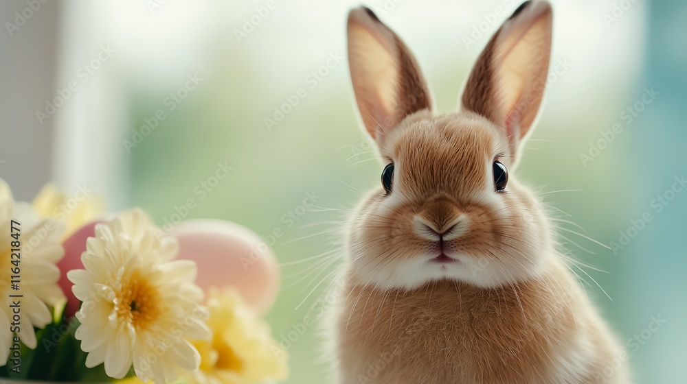 a small rabbit sitting next to a vase with flowers a small rabbit sitting next to a vase with flowers