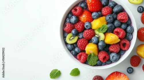 Colorful Fresh Fruit Salad in White Bowl on Bright Background