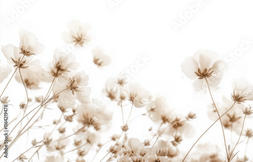 A cluster of soft white flowers with slender stems gently sways in the breeze, illuminated by warm spring sunlight that enhances their delicate beauty and tranquility.