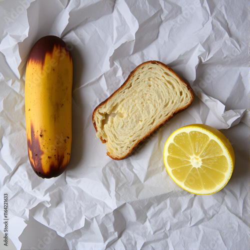 A slice of bread, a browning banana, and a cut lemon rest carelessly on crumpled paper, symbolizing the waste and neglect of uneaten food.