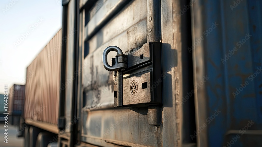 Secure Lock on Shipping Container at Cargo Port During Sunset Secure Lock on Shipping Container at Cargo Port During Sunset
