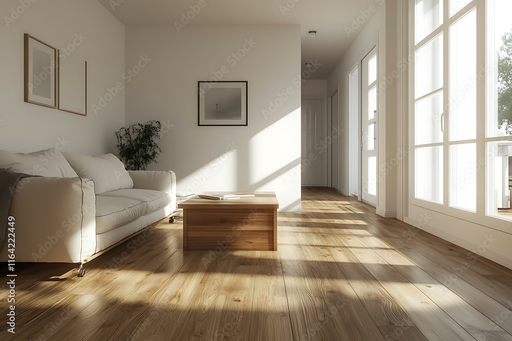 Sunlit minimalist living room with wooden floors, white sofa, and coffee table.