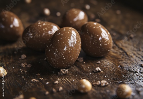 Wallpaper Mural Chocolate Coated Eggs on Dark Wooden Surface, Appealing Sweet Treats for Easter Celebrations or Dessert Inspiration, with a Rustic and Natural Aesthetic Torontodigital.ca