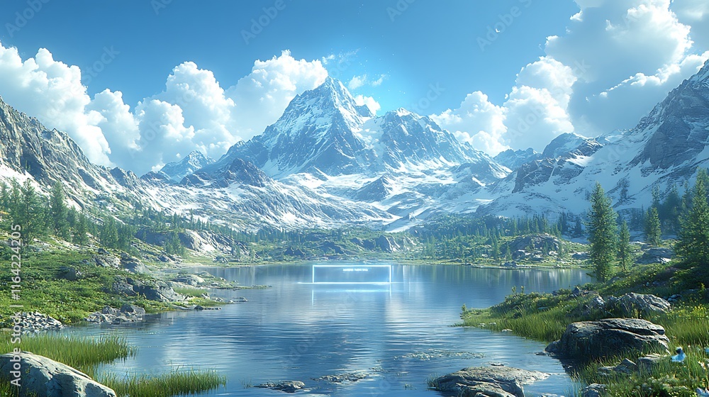 Naklejka premium Serene Mountain Lake with a Glowing Portal