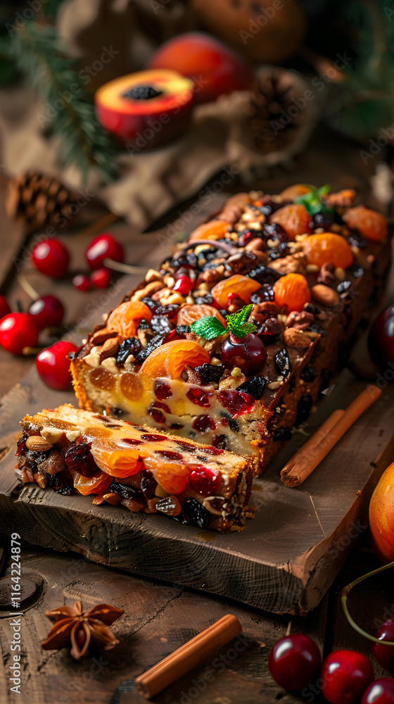 Exquisite Holiday Fruitcake with Candied Fruits and Nuts on Rustic Table Exquisite Holiday Fruitcake with Candied Fruits and Nuts on Rustic Table