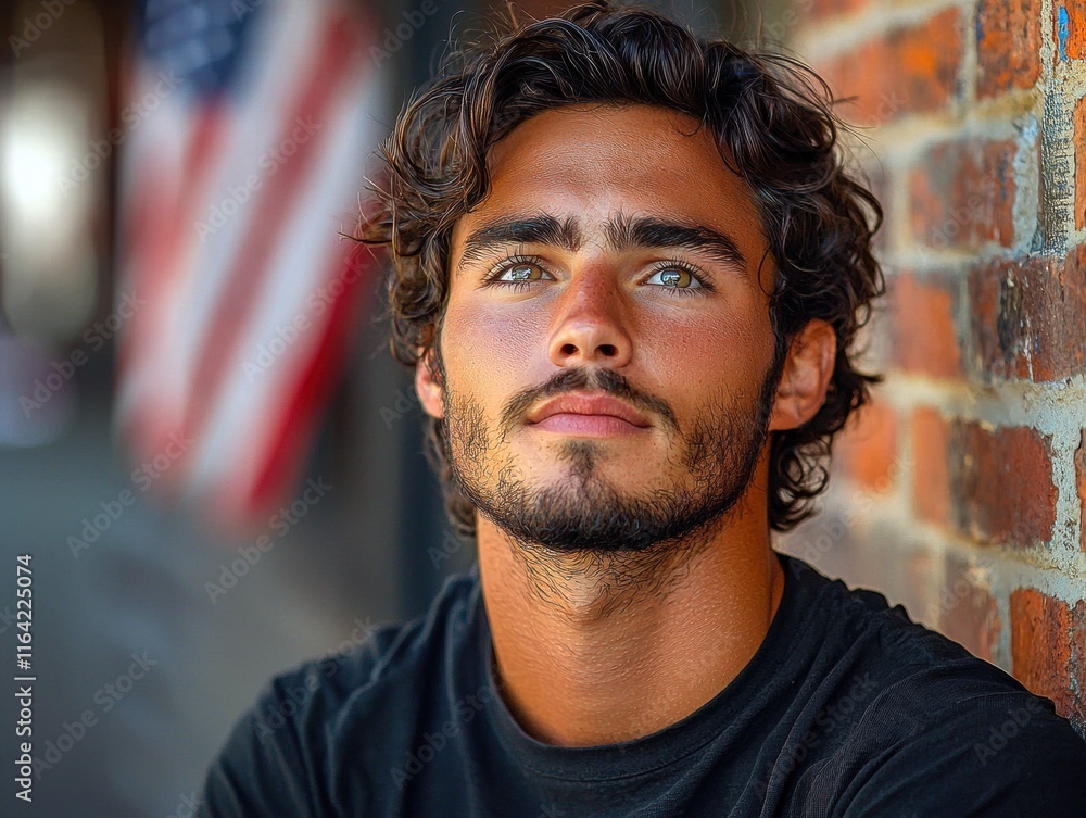 Young Hispanic man with curly hair gazing thoughtfully against a brick wall. Young Hispanic man with curly hair gazing thoughtfully against a brick wall.