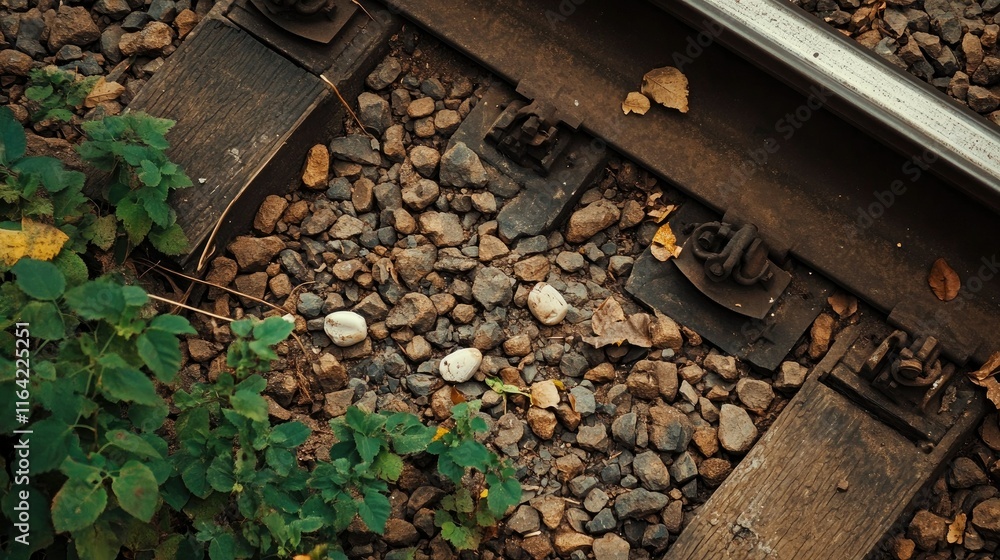 Close-Up of Railway Tracks Surrounded by Stones and Greenery Close-Up of Railway Tracks Surrounded by Stones and Greenery