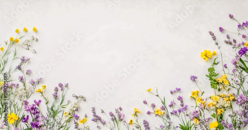 Bright and colorful wildflowers growing in a sunny meadow during springtime. A border of wildflowers in various colors adorns, with white space for text.  The flowers include yellow and purple 