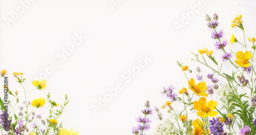 A vibrant display of wildflowers blossoms in a sunny meadow. Various colors including yellow, purple, and white create a lively spring atmosphere under clear skies.