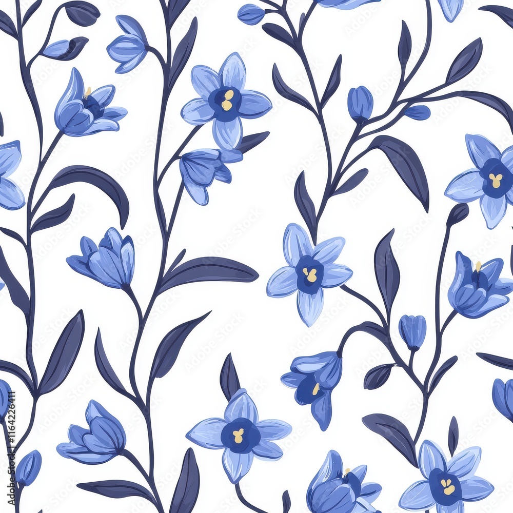 Elegant Floral Pattern with Blue Flowers on White Background Elegant Floral Pattern with Blue Flowers on White Background