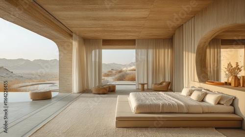 A serene modern bedroom with large windows  natural materials  and desert views.