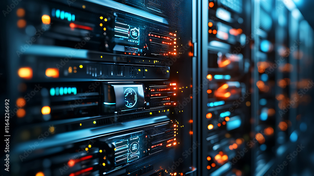 Naklejka premium Advanced server room with high tech security systems and glowing lights