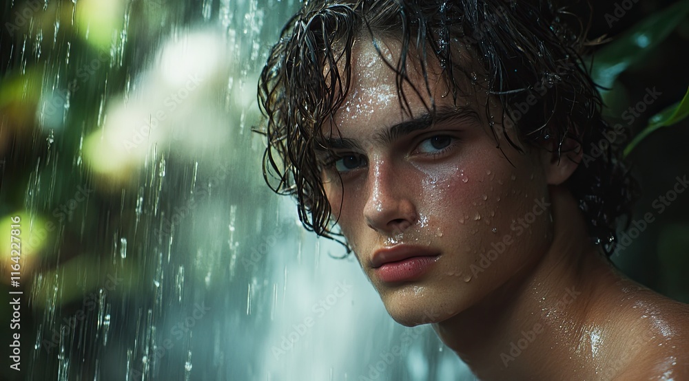 Obraz premium A close-up shot of an attractive young man with wavy hair enjoying the rain in his garden, surrounded by lush greenery and exotic plants.
